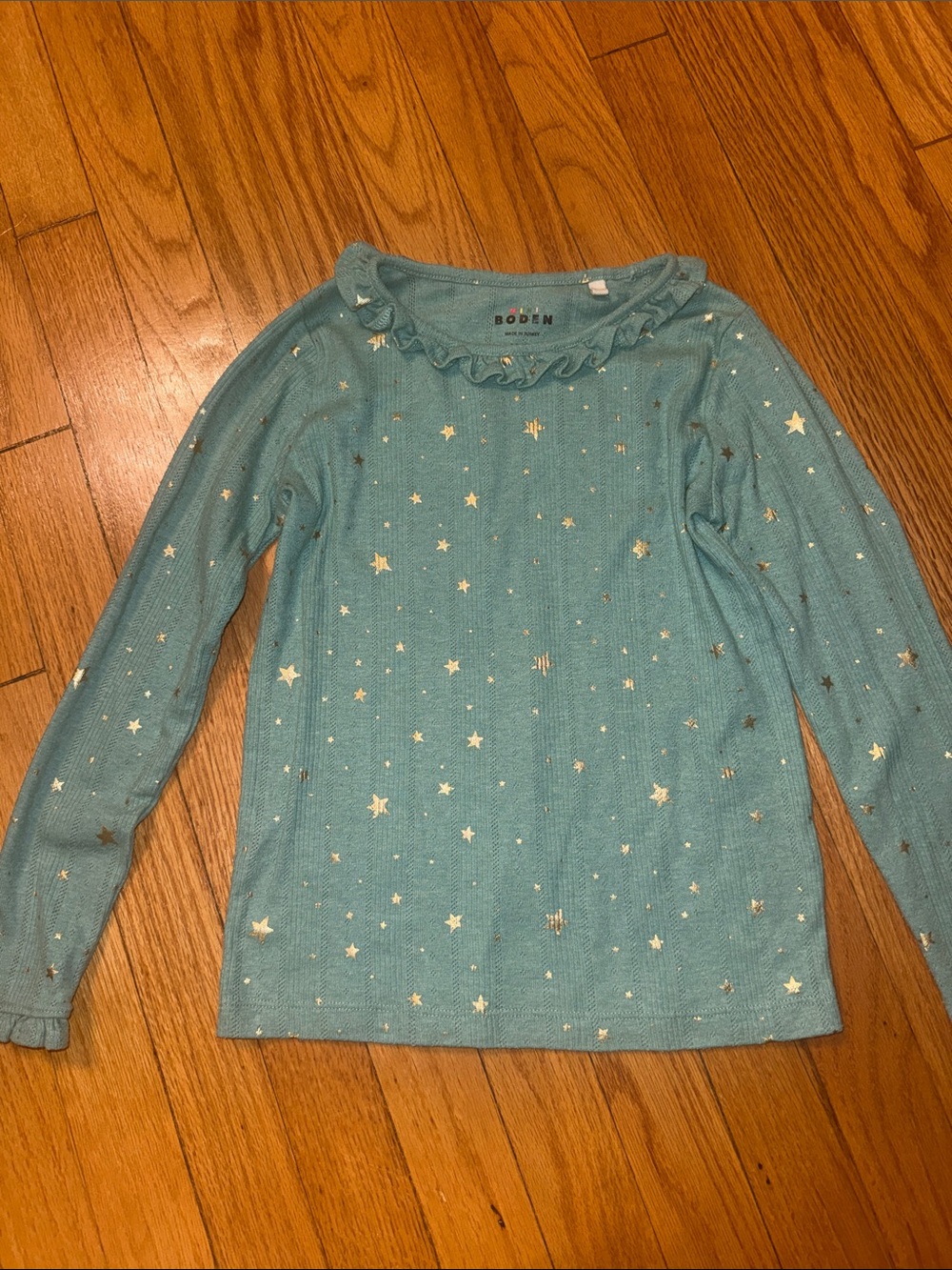 Mini Boden Teal Star Print Ruffle Long Sleeve Top